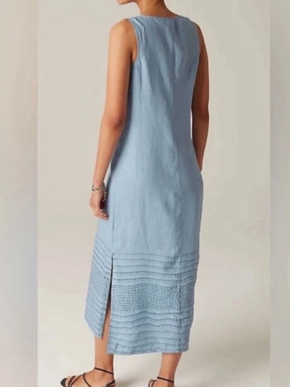 J Jill Pure Linen Blue Embroidered Maxi Dress Size Medium Sleeveless Split Neck - Picture 4 of 10